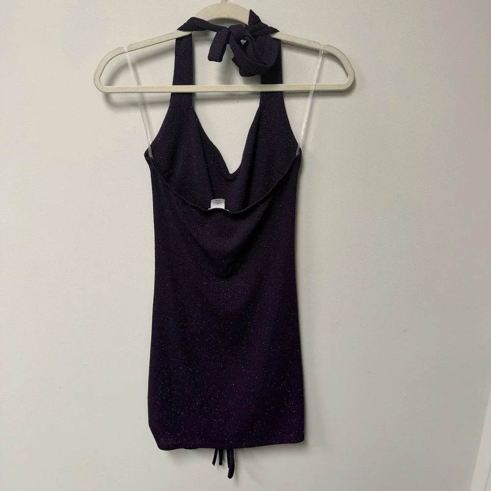 Jacaranda Purple Sparkle Large Mini Halter Bodycon Ruched Cocktail Club Dress - Picture 4 of 9